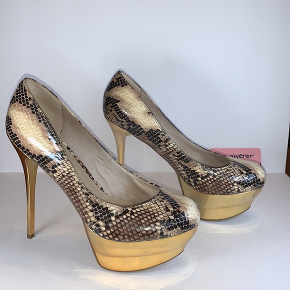8.5 Python & Gold Double Platform Stilettos H By Halston - Picture 6 of 17